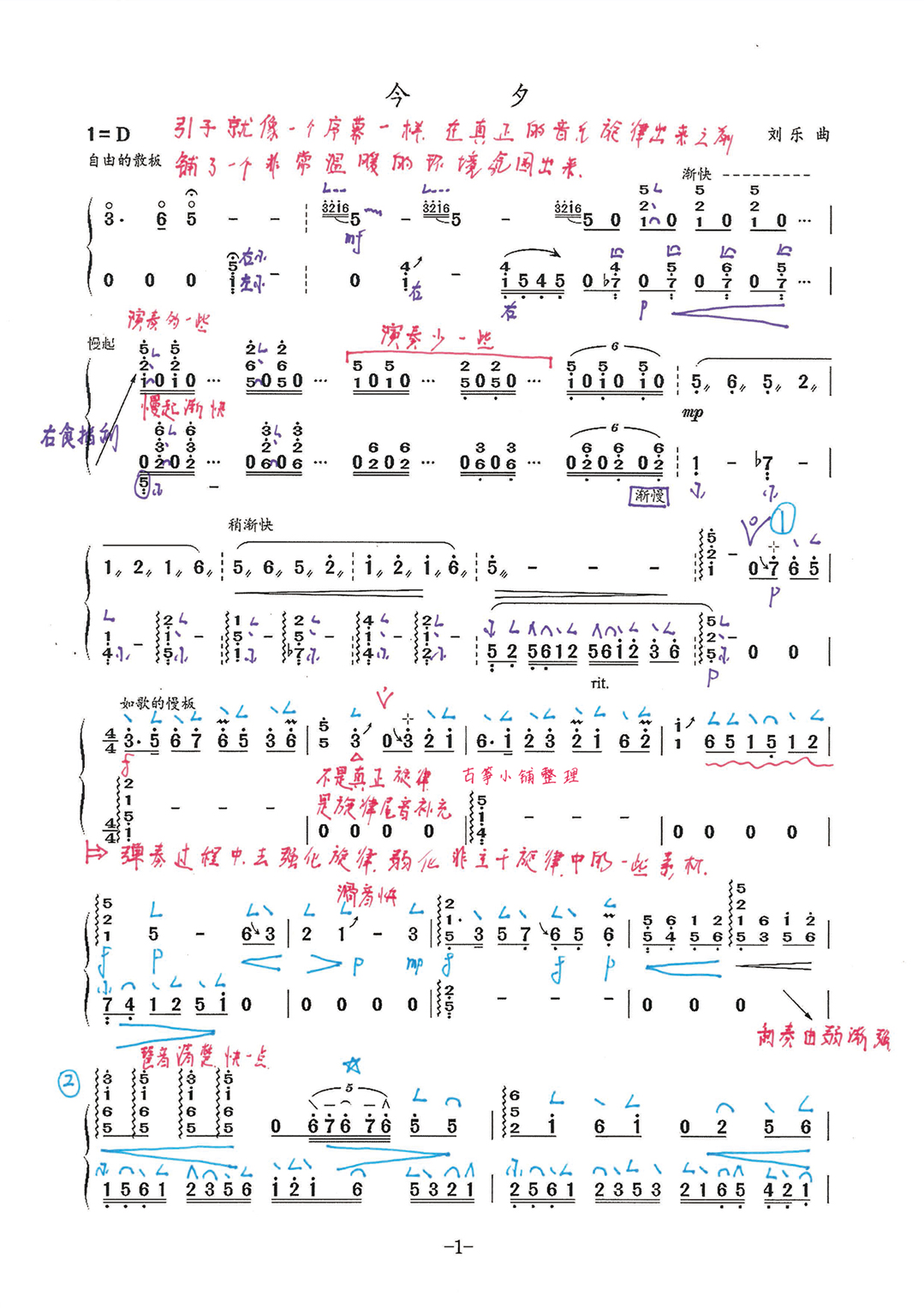 《今夕》古筝版曲谱简谱-刘乐教学笔记