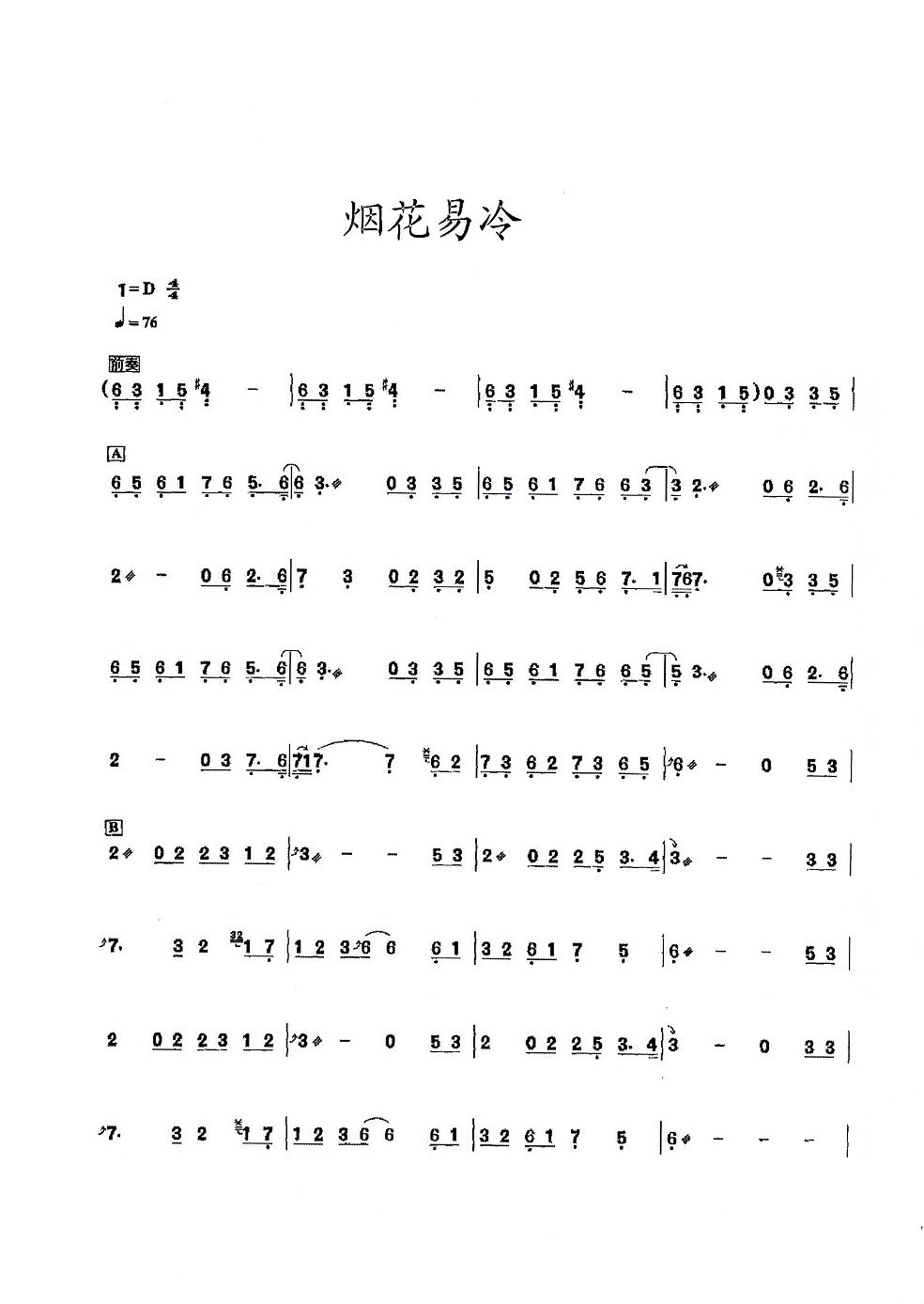 周杰伦歌曲《烟花易冷》古筝D调演奏版简谱及伴奏