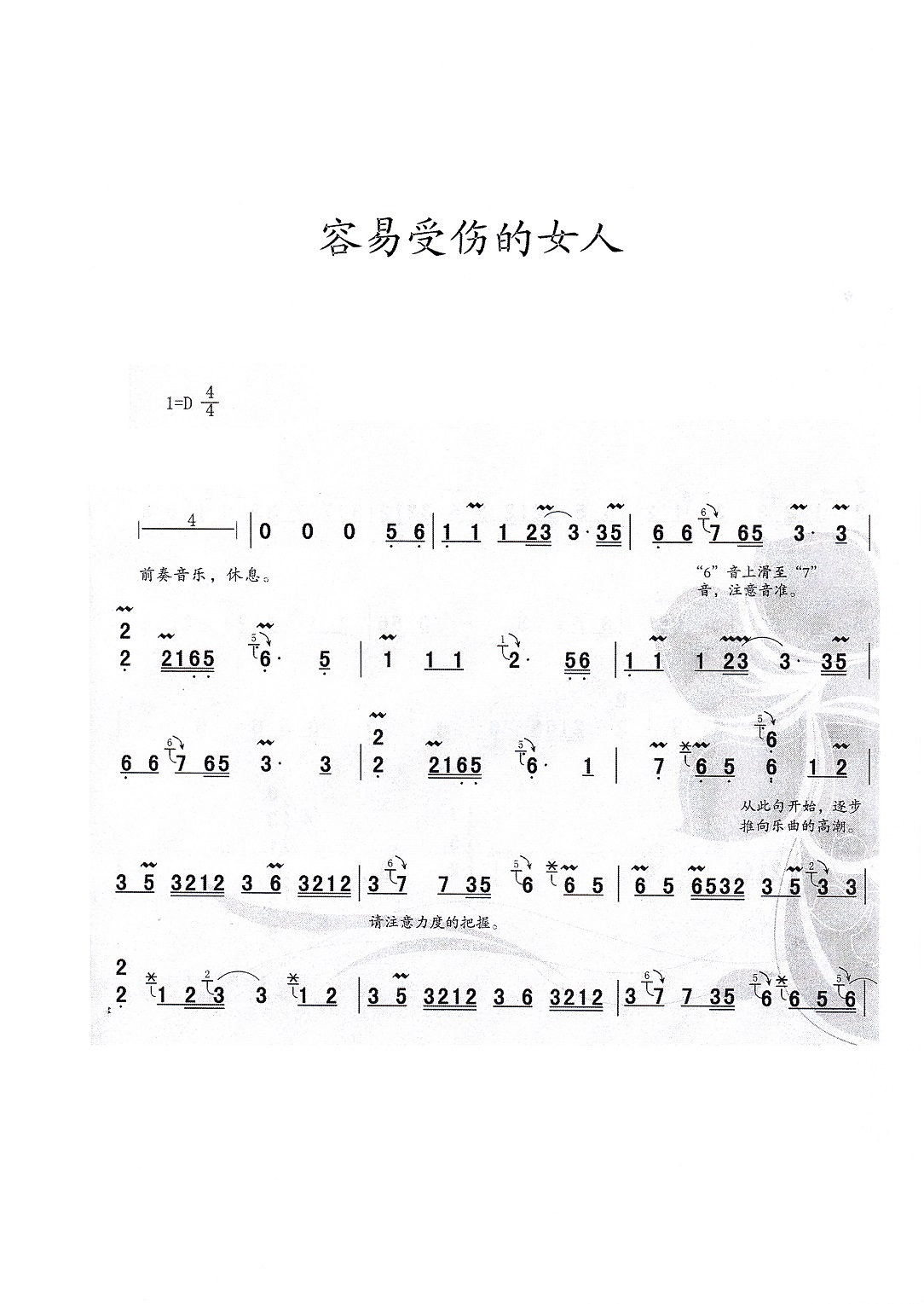 王菲歌曲《容易受伤的女人》古筝简谱及伴奏mp3