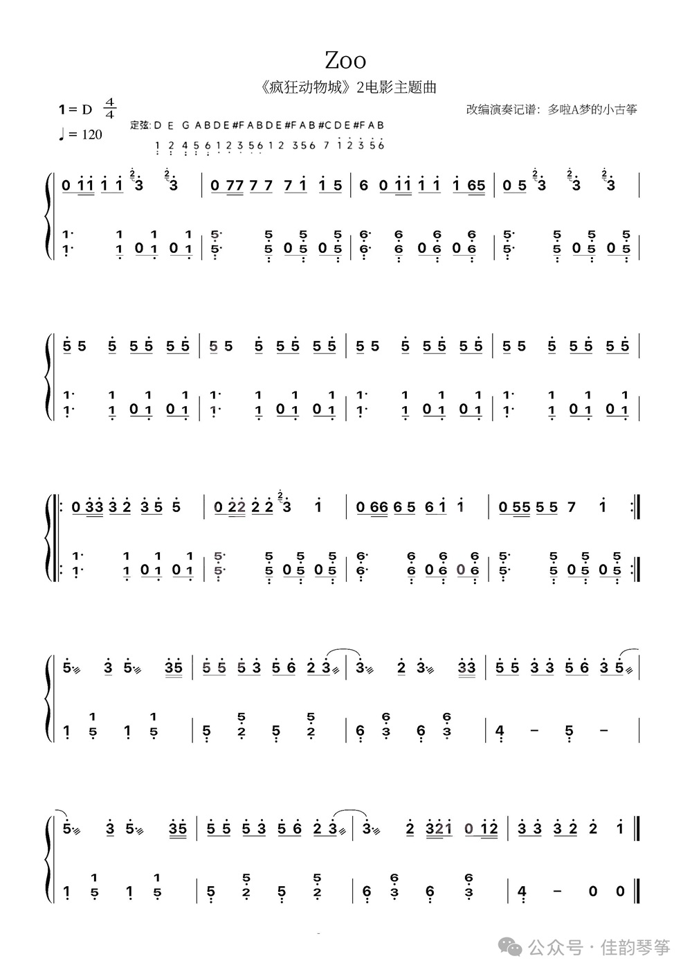 疯狂动物城主题曲<zoo>古筝简谱