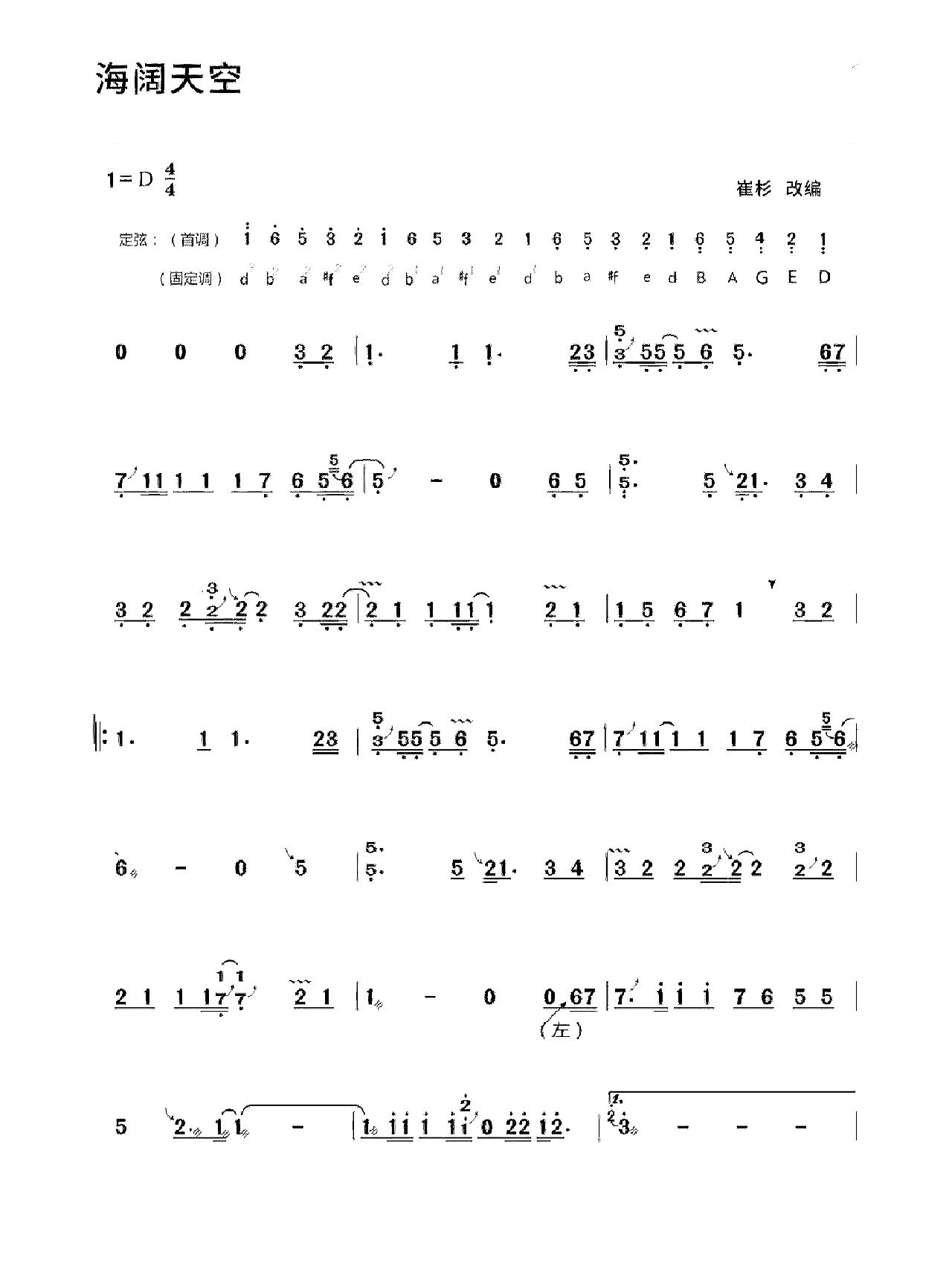 粤语歌曲《海阔天空.黄家驹》古筝D调简谱