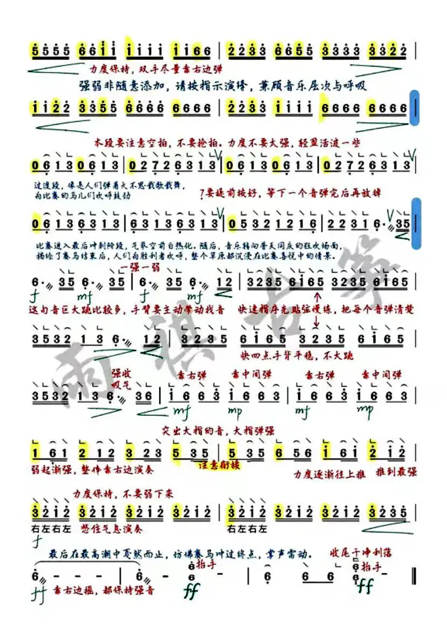 古筝曲《赛马》教学笔记版简谱完整版