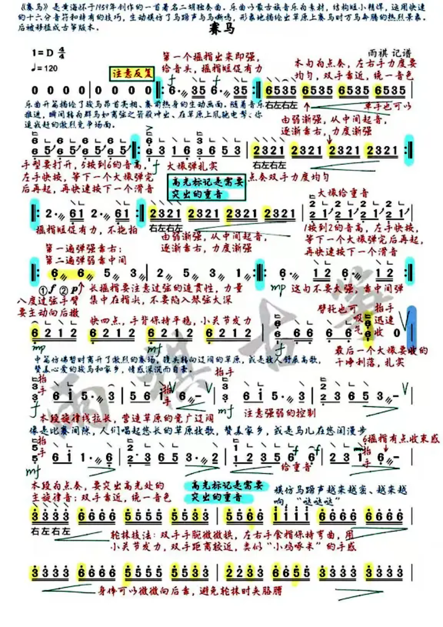 古筝曲《赛马》教学笔记版简谱完整版